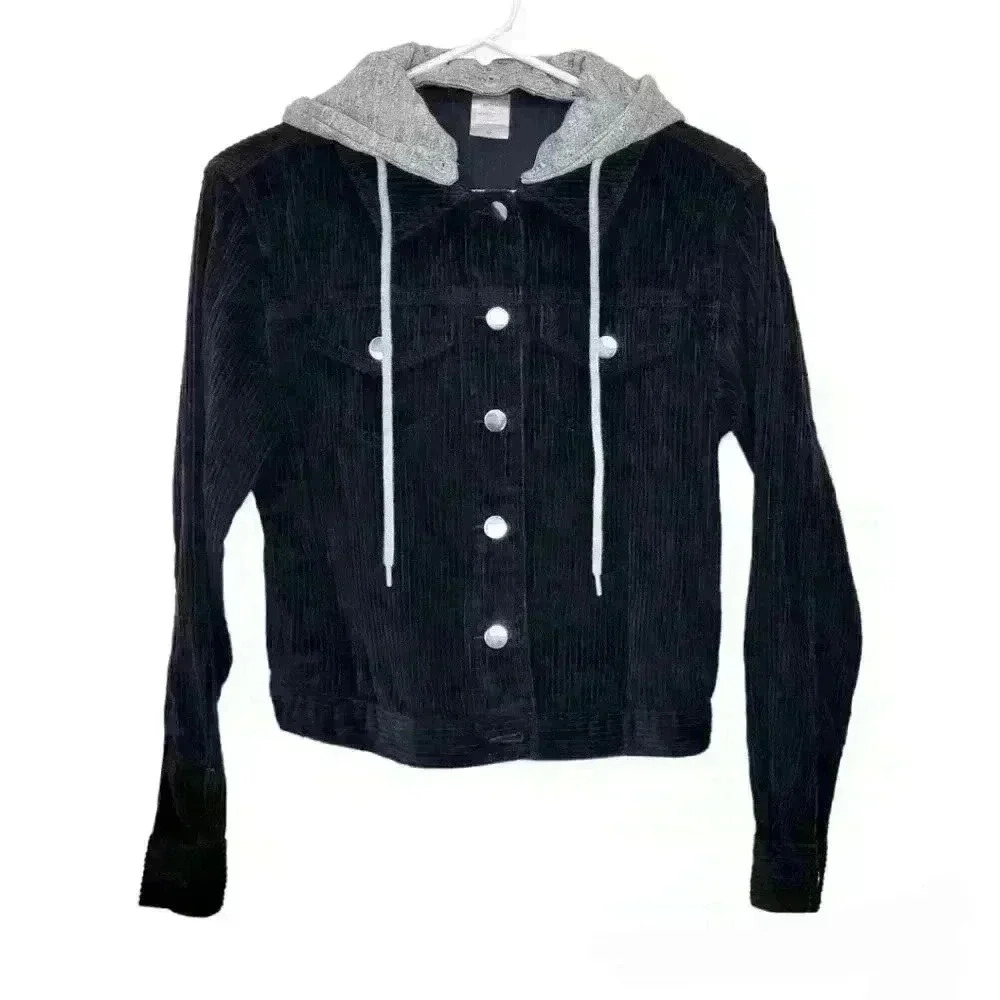 Womens Juniors Corduroy Jacket with Hood Sz  XS Black